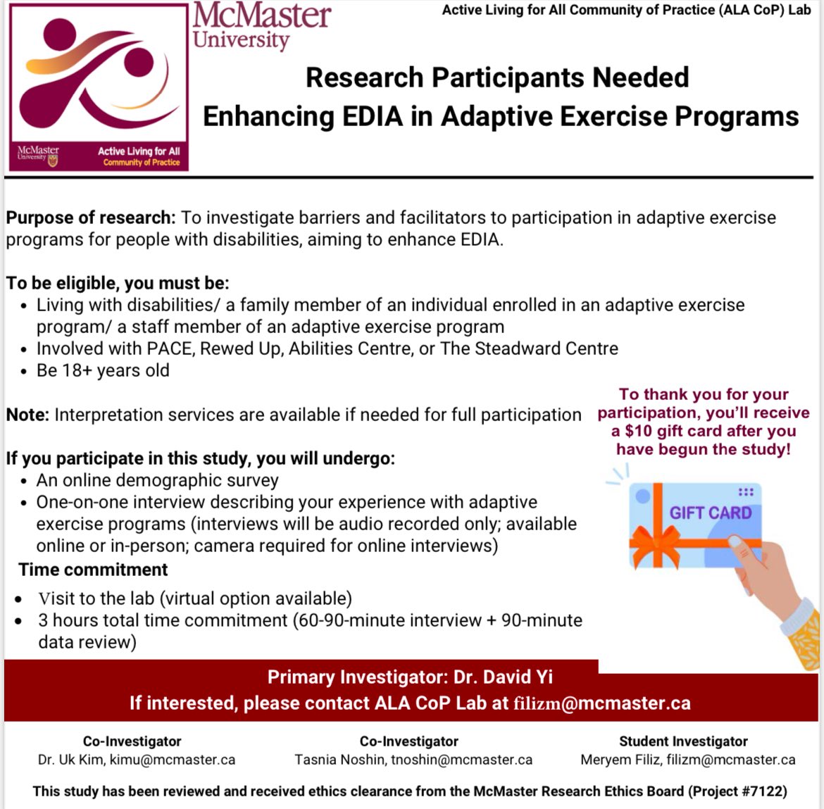 McMaster PACE (@mcmaster_pace) on Twitter photo 🚨Participants Needed!!
Help improve accessibility in adaptive exercise programs! If you're 18+ and involved with PACE, share your experience in a short interview (online/in-person).
🎁 $10 gift card for participation!
📩 Contact filizm@mcmaster.ca 🚨Participants Needed!!
Help improve accessibility in adaptive exercise programs! If you're 18+ and involved with PACE, share your experience in a short interview (online/in-person).
🎁 $10 gift card for participation!
📩 Contact filizm@mcmaster.ca