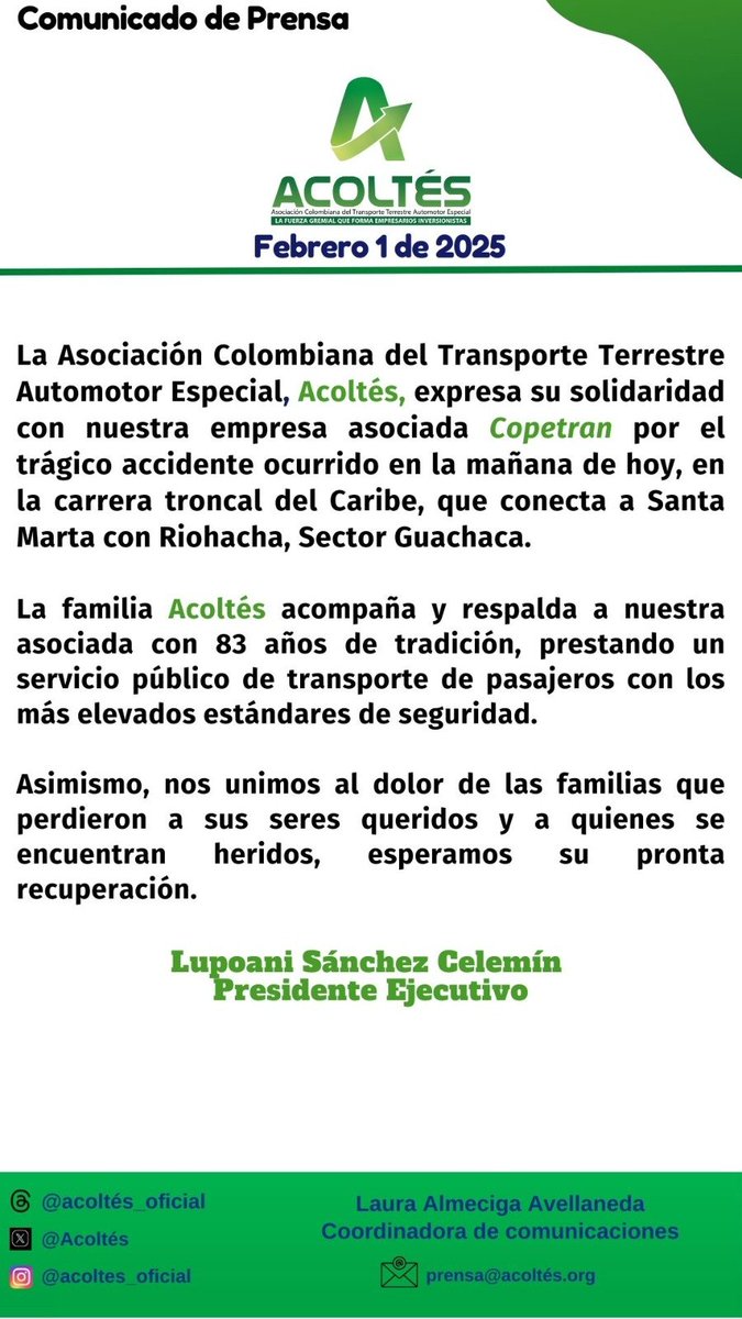 Acoltes's tweet photo. Nos solidarizamos con @Copetranoficial por el accidente ocurrido en la mañana de hoy en el Sector de Guachaca, Riohacha.
#Acoltés
#Copetran
#accidente
#Transporteespecial https://t.co/AN4Ochw44x