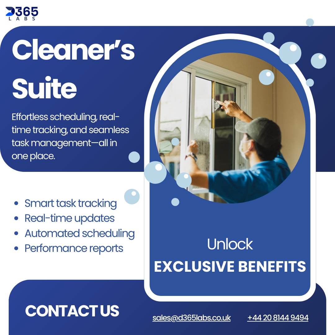d365labs's tweet photo. Stay ahead with automated scheduling, performance reports, and real-time updates. Unlock exclusive benefits today! 🚀 #CleanersSuite #D365Labs #SmartCleaning #TaskManagement #AutomatedScheduling #RealTimeTracking #CleaningBusiness #Efficiency #BusinessGrowth #CleaningServices https://t.co/u7QCDzN9B3