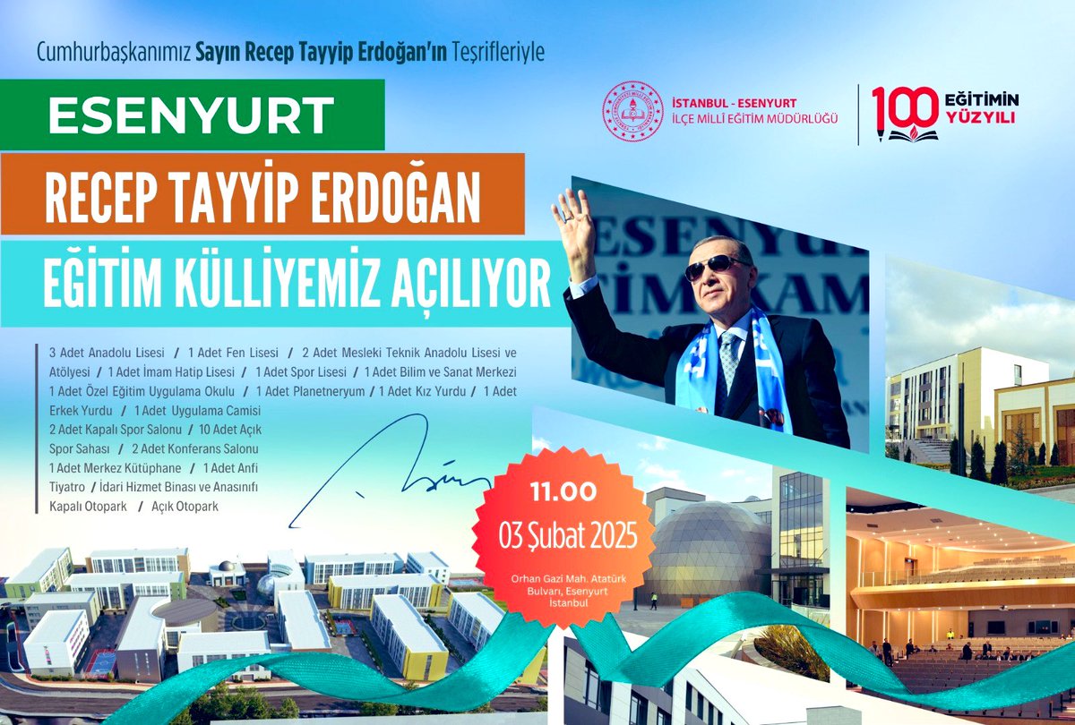 Sayın Cumhurbaşkanımızın teşrifleriyle, ülkemizin en büyük eğitim yerleşkesi Esenyurt Recep Tayyip Erdoğan Eğitim Külliyesi’ni gururla hizmete açıyoruz.
Esenyurtumuza hayırlı olsun.
<a href="/Yusuf__Tekin/">Yusuf Tekin</a> <a href="/MucahitYentur/">Murat Mücahit Yentür</a>