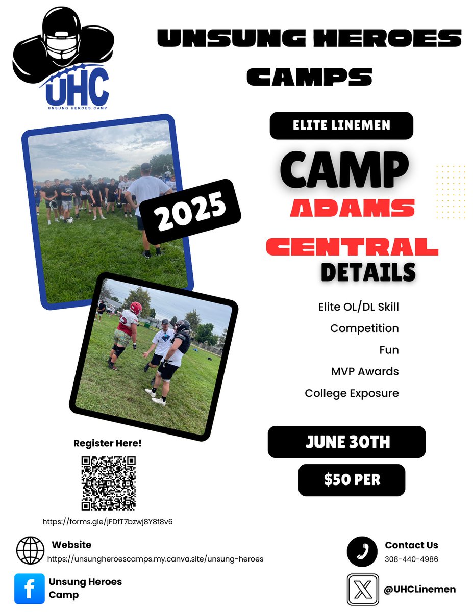 Unsung Heroes (@uhclinemen) on Twitter photo Adams Central has locked in a date for our Elite Linemen Skills camp. Hastings area, get here!!!
<a href="/ACPatriotsFB/">Adams Central Patriot Football</a> <a href="/NEBHSFB/">Nebraska HS Football</a> <a href="/PrepRedzoneNE/">Prep Redzone Nebraska</a> <a href="/NEPrepZone/">Nebraska Prep Zone</a>
unsungheroescamps.my.canva.site/unsung-heroes Adams Central has locked in a date for our Elite Linemen Skills camp. Hastings area, get here!!!
<a href="/ACPatriotsFB/">Adams Central Patriot Football</a> <a href="/NEBHSFB/">Nebraska HS Football</a> <a href="/PrepRedzoneNE/">Prep Redzone Nebraska</a> <a href="/NEPrepZone/">Nebraska Prep Zone</a>
unsungheroescamps.my.canva.site/unsung-heroes