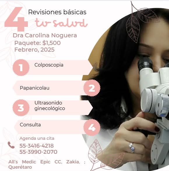 Consulta ginecológica, #PAP, ETS,  #colposcopía, #ultrasonido, cultivo de #exudado, #biopsia, #pellets 
Diagnóstico-tratamiento del #VPH

Citas al 5539902070
Dra Carolina 
Consultorios en 
- Zakia, All medics
- El Refugio, Campo Real
Lun a Sáb
<a href="/queretaro/">Querétaro</a> <a href="/SoyQueretano/">Querétaro México 💙🖤</a>