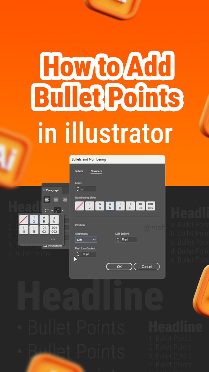 nishanthram345's tweet image. How to Add Bullet Points in Illustrator

#illustrator #adobe #illustratortips #nr345 #grapichdesign #illustratortutorial #illustrationartists