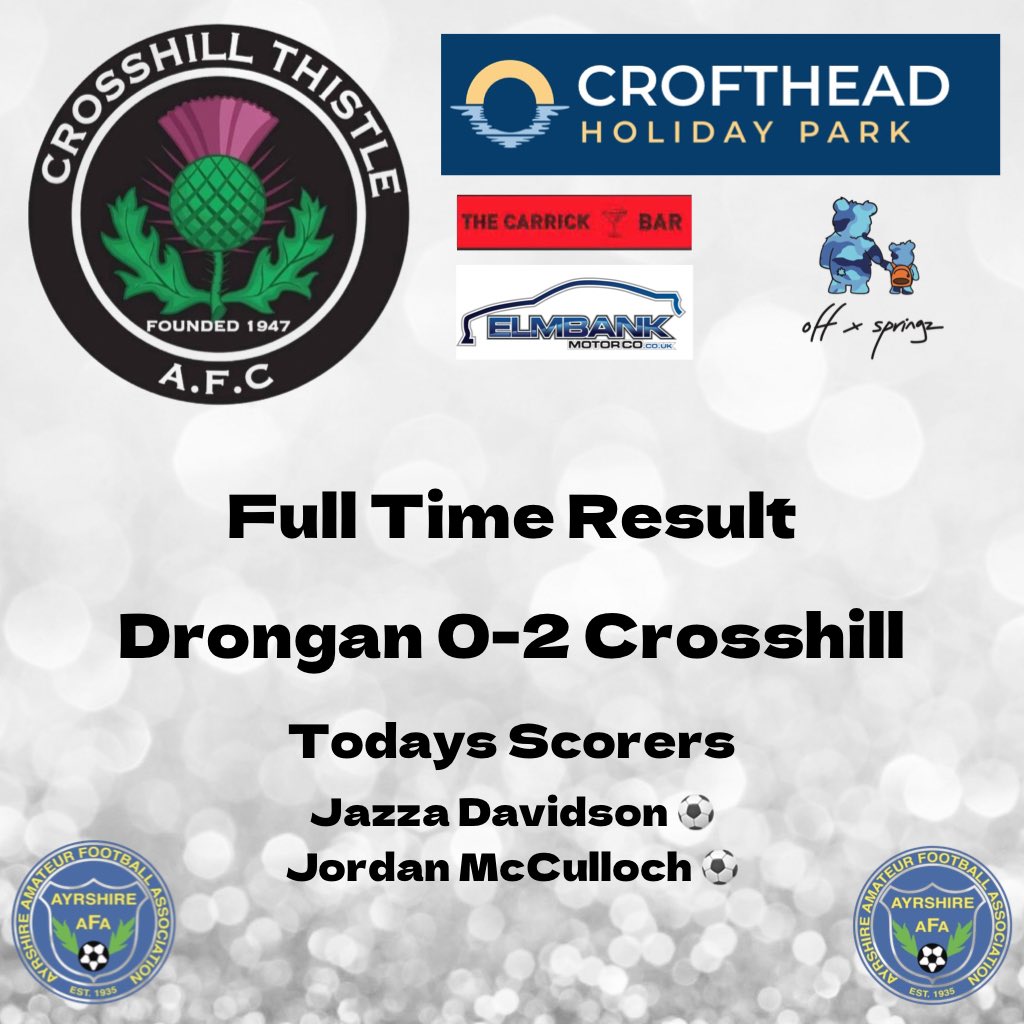 Full Time Result

Drongan 0-2 Crosshill

A brilliant team performance from the boys saw us take all 3 points away in the league. 

Jazza opened the scoring with a lovely lob and Jordan sealed the 3 points from a FK in off the bar! 

All the best to Drongan