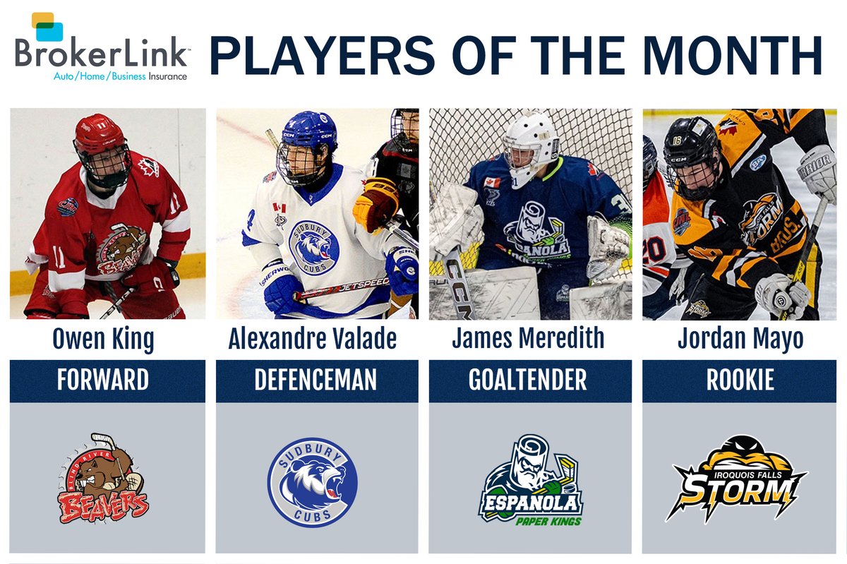 The <a href="/NOJHL/">NOJHL</a> names its <a href="/BrokerLinkCA/">BrokerLink</a> Players of the Month for January.

nojhl.com/nojhl-names-it…

PHOTO CREDITS

King: Helene Rancourt
Valade: Thomas Perry / Timmins Daily Press
Meredith/Mayo: Bob Davies
