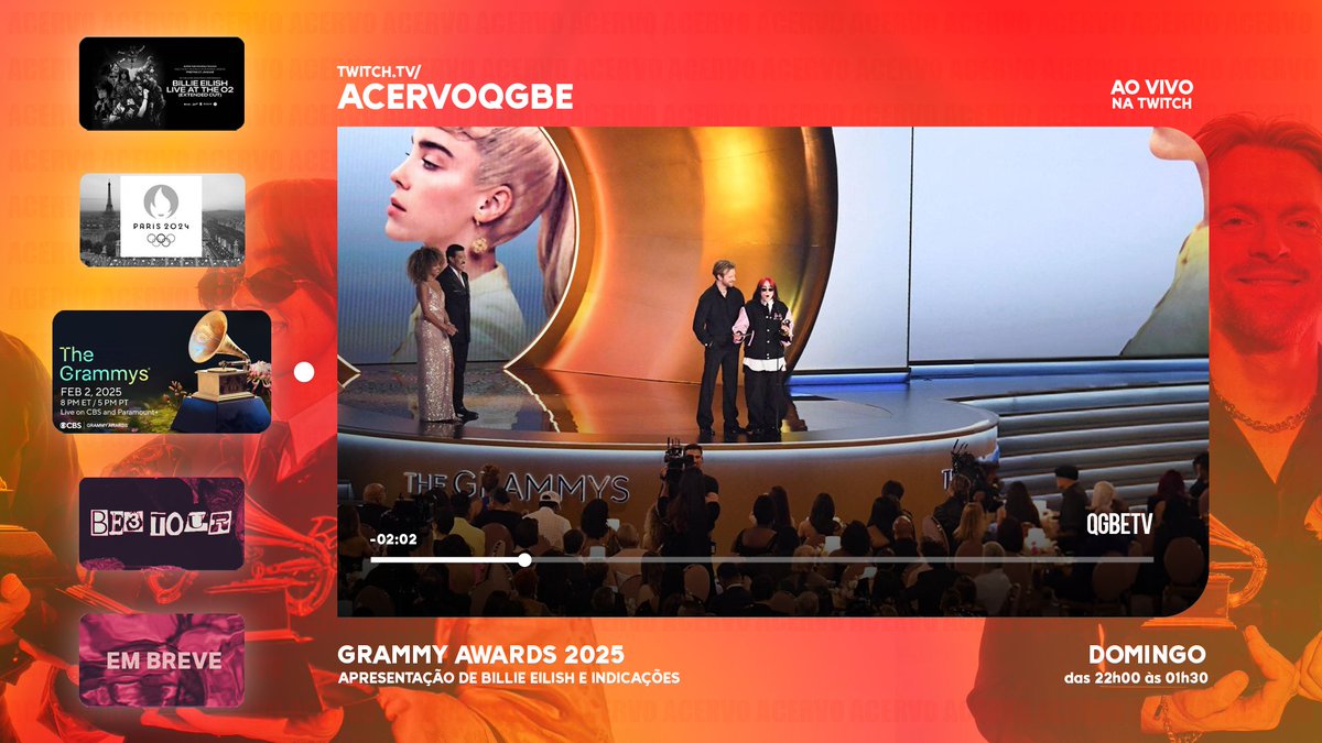 Como vocês sabem, estaremos transmitindo o #GRAMMYs2025 amanhã.

Normalmente não transmitimos o pré-show, apenas cobrimos no <a href="/QGBillieEilish/">QG Billie Eilish</a>.

A cerimônia oficial começa às 22h*, porém começaremos na Twitch por volta das 21h30*.

🔗twitch.tv/AcervoQGBE

*Horário de Brasília.