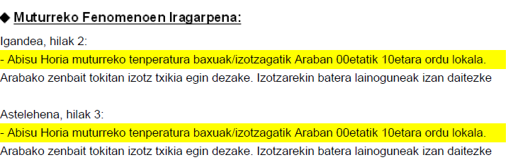 Euskalmet's tweet photo. 🟡#AbisuHoria #izotza

📆 Bihar, igandea: 
🟡🧊 00-10h izotzagatik Araban
📆 Etzi, astelehena:
🟡🧊 00-10h izotzagatik Araban

📆 Mañana, domingo:
🟡🧊 00-10h por heladas en Álava
📆 Pasado mañana, lunes:
🟡🧊 00-10h por heladas en Álava https://t.co/tlHtxwTpLO