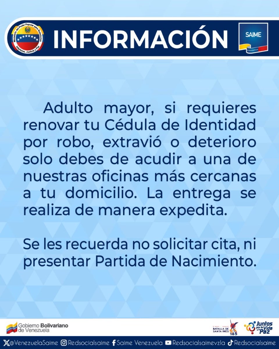 ReporteYa's tweet photo. #1Feb #Venezuela #Cedulas
@VenezuelaSaime: Adulto mayor, si requiere renovar tu Cédula de Identidad por robo, extravió o deterioro solo debe acudir a la oficina Saime más cercana de su domicilio. La entrega se realiza de manera expedita.
Se les recuerda no solicitar cita, ni presentar Partida de Nacimiento.