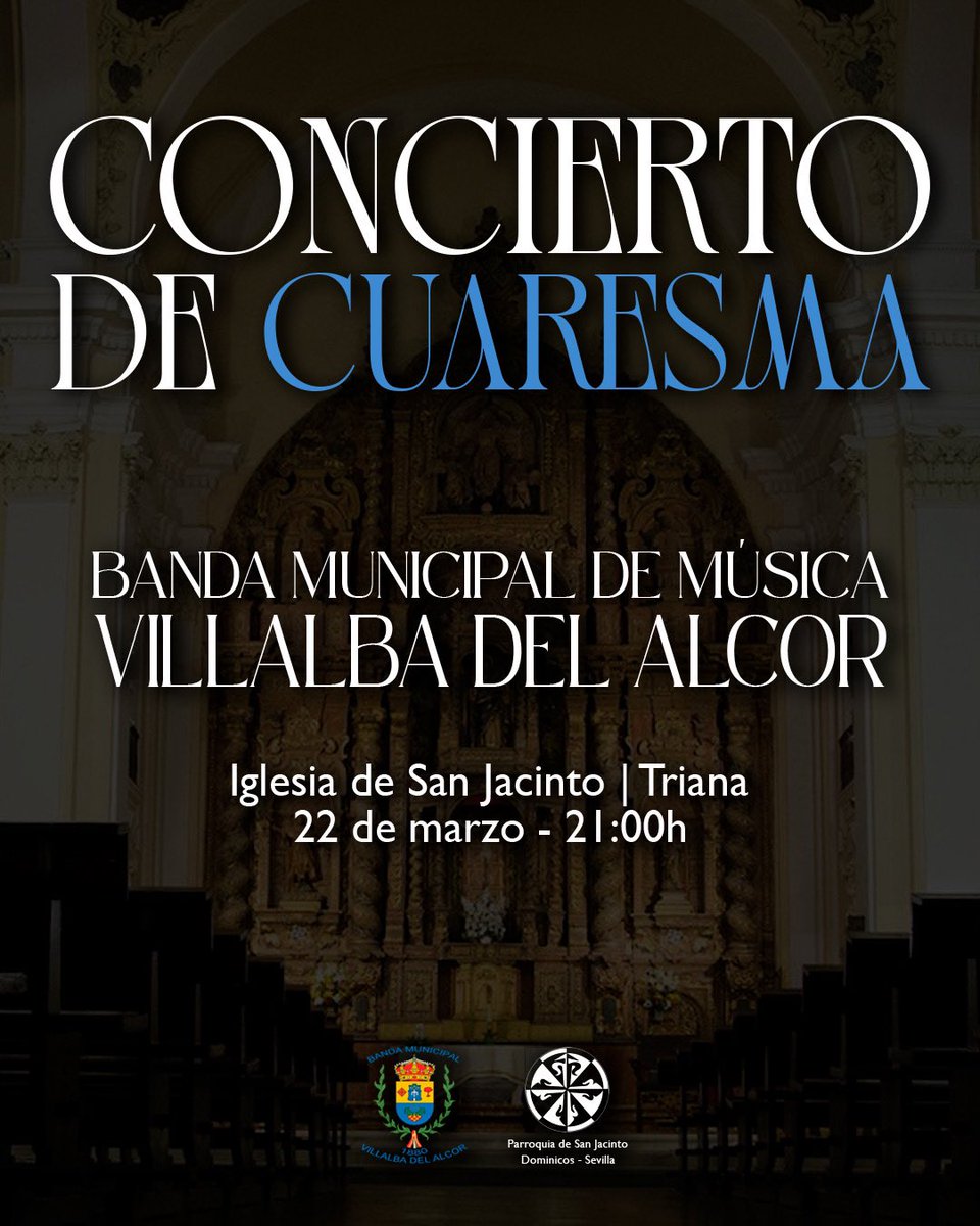 BMM Villalba del Alcor (@banda_villalba) on Twitter photo 🗓️El próximo 22 de marzo ofreceremos un Concierto de Cuaresma organizado junto a <a href="/SanJacintoPQ/">Parroquia de San Jacinto</a> en la Iglesia de San Jacinto de Sevilla.
⏰ El concierto dará comienzo a las 21:00h, antes daremos en Pasacalles desde la Plaza del Altozano.
¡OS ESPERAMOS!
#desde1880 🗓️El próximo 22 de marzo ofreceremos un Concierto de Cuaresma organizado junto a <a href="/SanJacintoPQ/">Parroquia de San Jacinto</a> en la Iglesia de San Jacinto de Sevilla.
⏰ El concierto dará comienzo a las 21:00h, antes daremos en Pasacalles desde la Plaza del Altozano.
¡OS ESPERAMOS!
#desde1880