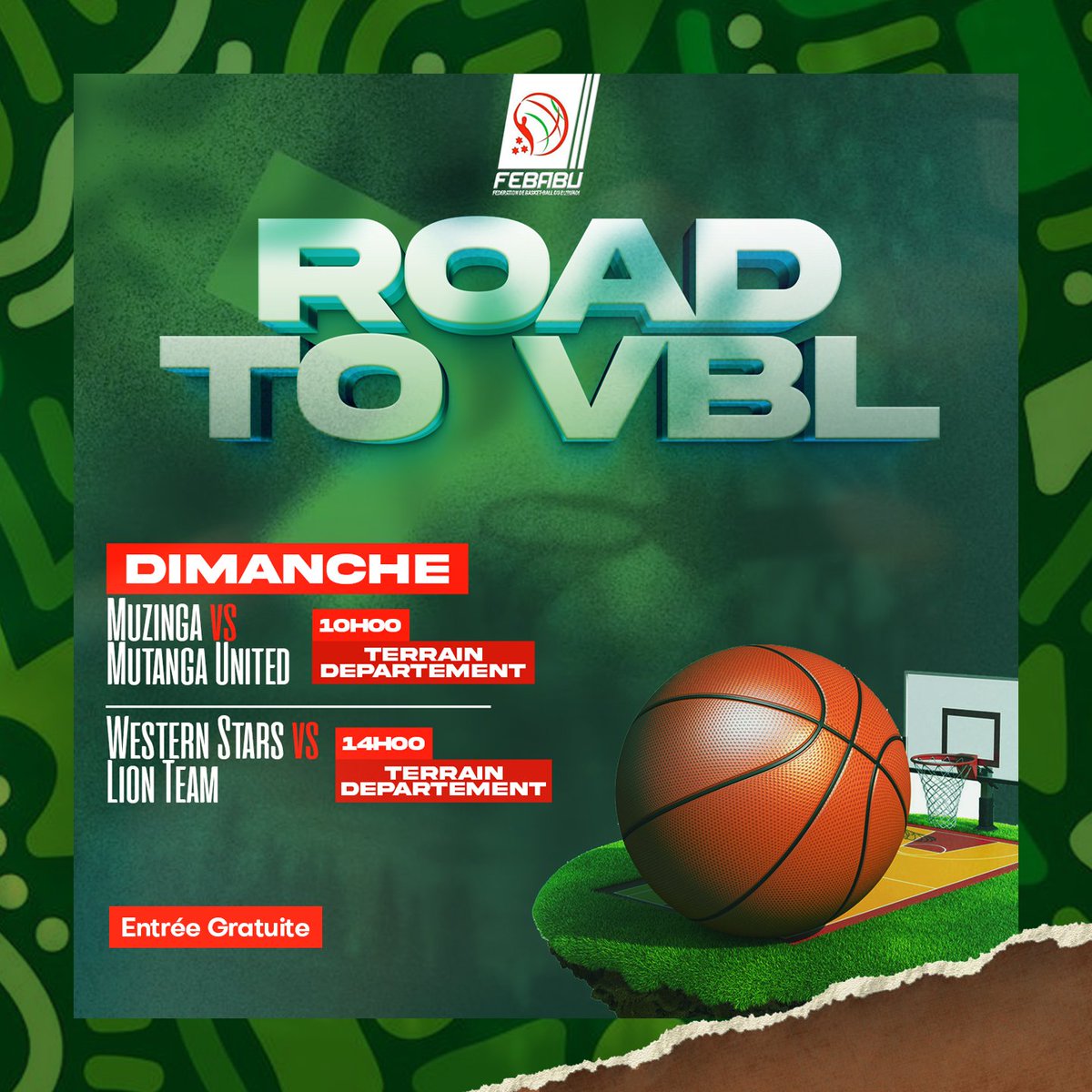 Chers amateurs du 🏀 de Bujumbura ,nous voulons vous informer que ce dimanche,il y aura des affiches à ne pas manquer au terrain de Département.

Venez nombreux soutenir nos athlètes 

#Febabu
#Fibaafrica
#Road to VBL