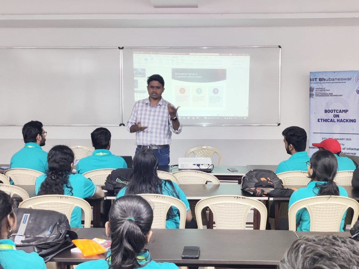 SagarPradhan_'s tweet photo. Honored to deliver a lecture on Ethical Hacking at a bootcamp organized by the Ministry of Electronics &amp;IT @GoI_MeitY&amp; IIIT Bhubaneswar.

It was a great session discussing cybersecurity, ethical hacking practices, and legal frameworks to promote a safer digital space.#CyberSafety https://t.co/42SjQBviRP