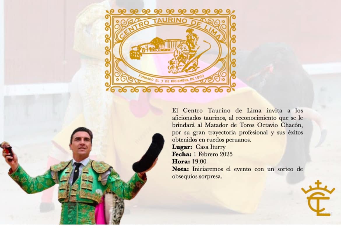 Lima PER hoy 19 h el Centro Taurino de Lima homenajea al diestro andaluz <a href="/octaviochaconof/">Octavio Chacón</a> "por su trayectoria profesional y éxitos en ruedos peruanos" <a href="/portaltaurino/">Portal Taurino</a>