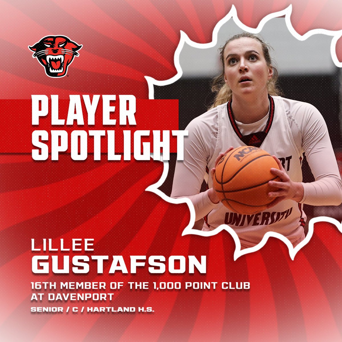 Congratulations to senior Lillee Gustafson on becoming the 16th Panther to join the 1,000 point club at Davenport. She had a team-high 15 points in today's game at Northern Michigan.

#DUWork #1000Points