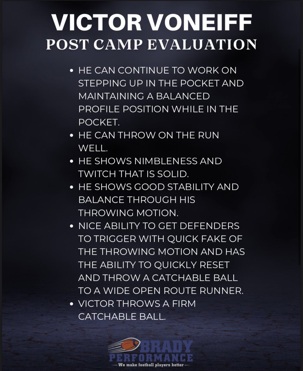 _VictorVoneiff's tweet photo. “Appreciate the feedback from @BradyPerform1 at the camp! Grateful for the coaching and excited to keep improving. Never Stop the Grind!!!#QBDevelopment #BradyPerformance”
@mdcrusadersfb @Daygofootball https://t.co/vEKABKyLTx
