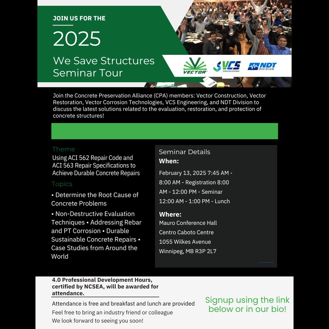 Join the Concrete Preservation Alliance (CPA) members: Vector Construction, Vector Restoration, Vector Corrosion Technologies, VCS Engineering, and NDT Division to discuss the latest solutions related to the evaluation, restoration, and protection of concrete structures!