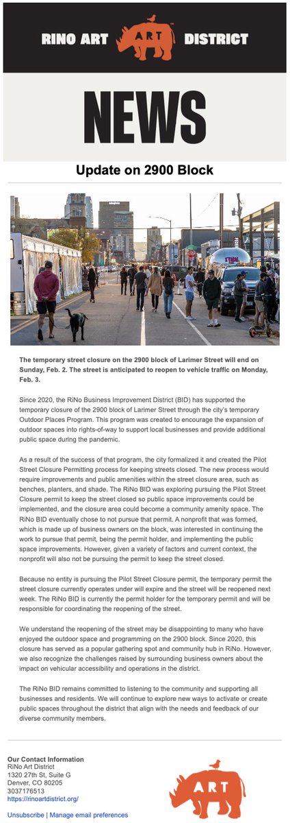 BuildUpDenver's tweet image. Screaming, crying, throwing up!

Larimer Street from 29th to 30th is going to re-open to vehicle traffic on MONDAY. Complete failure of #Denver to allow vibrant pandemic-era urban spaces to survive. 

Bureaucracy = inaction
Inaction = status quo
Status quo = failure!