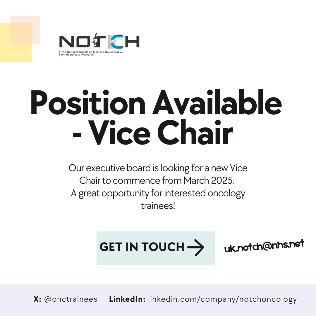 National Oncology Trainees Research Collaborative (@onctrainees) on Twitter photo Are you an oncology trainee? Passionate about research? Looking to hold a leadership position and work with like-minded peers?
We are looking for a new Vice Chair to join our executive board 👋
Register your interest via email : uk.notch@nhs.net
Details:uknotch.com/collaborations… Are you an oncology trainee? Passionate about research? Looking to hold a leadership position and work with like-minded peers?
We are looking for a new Vice Chair to join our executive board 👋
Register your interest via email : uk.notch@nhs.net
Details:uknotch.com/collaborations…