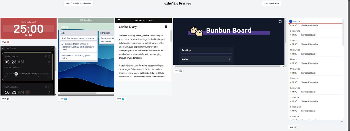 Spent friday night learning Remix, and ended up with reframe.canine.sh

Basically Retool for your own life.

See the one i made for myself at reframe.canine.sh/czhu12

Mostly happy with it, I set it as my default new tab link, and it's a good way to kickstart my brain.