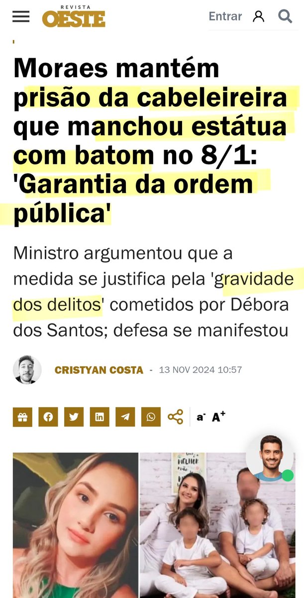 Ex dirigente do PT foi solto após ser detido por VIOLÊNCIA SEXUAL CONTRA MENORES

Debora, mãe de duas crianças, que escreveu de batom numa estátua segue presa pela GRAVIDADE DO CRIME COMETIDO

O BRASIL ESTA ERRADO E VOCE NAO FALA NADA PQ É UM IDIOTA UTIL SEM VALORES.