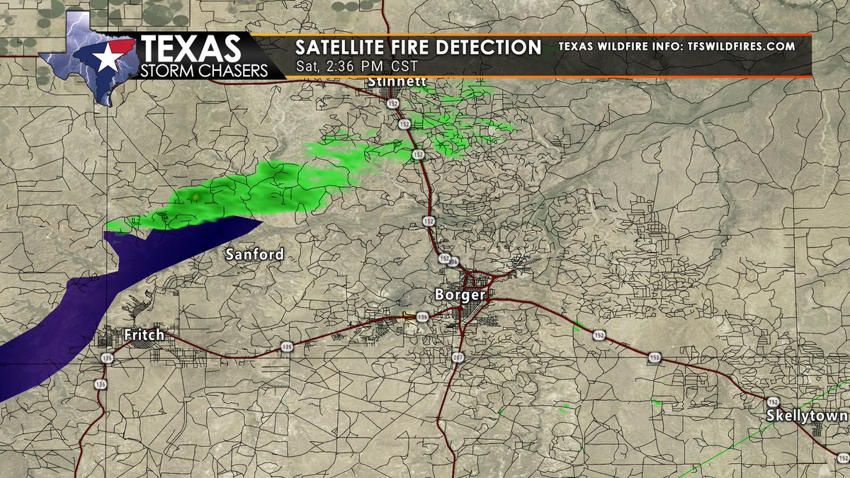 At 2:41 PM, a wildfire is actively burning on the north side of Lake Meredith, north of Fritch and Sanford in the Panhandle. The Fritch Fire Department is notifying residents of Bugbee about potential evacuation due to the fire, which continues to spread. A smoke plume from the