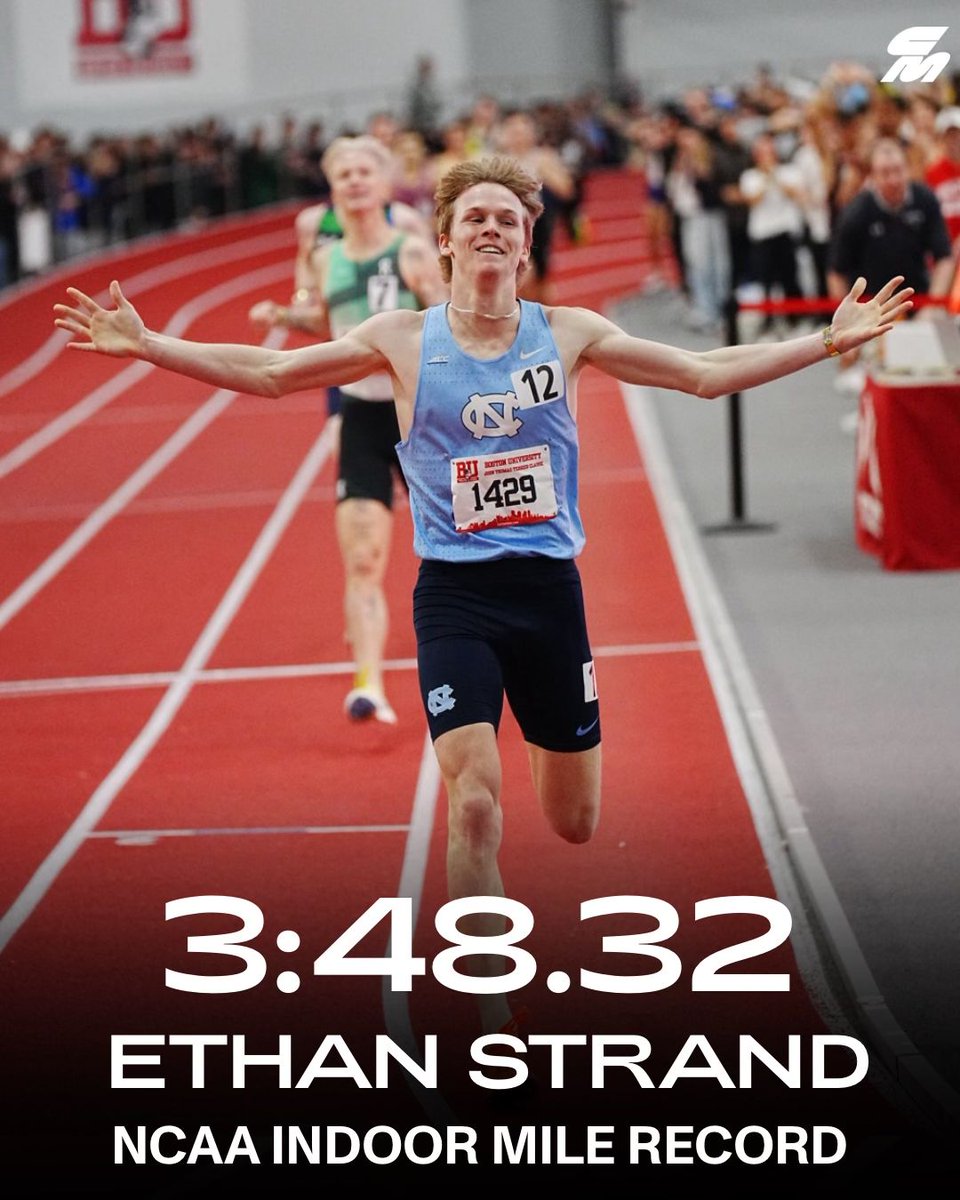 CitiusMag's tweet photo. WHAT. JUST. HAPPENED. 🤯
 
22-year-old Ethan Strand of @UNCtrack_field SHATTERS Cooper Teare’s NCAA record in the mile with a 3:48.32 at the BU Terrier Classic, his second collegiate record of the season and the #3 all time performance indoors. https://t.co/WqYk5ZzsRx