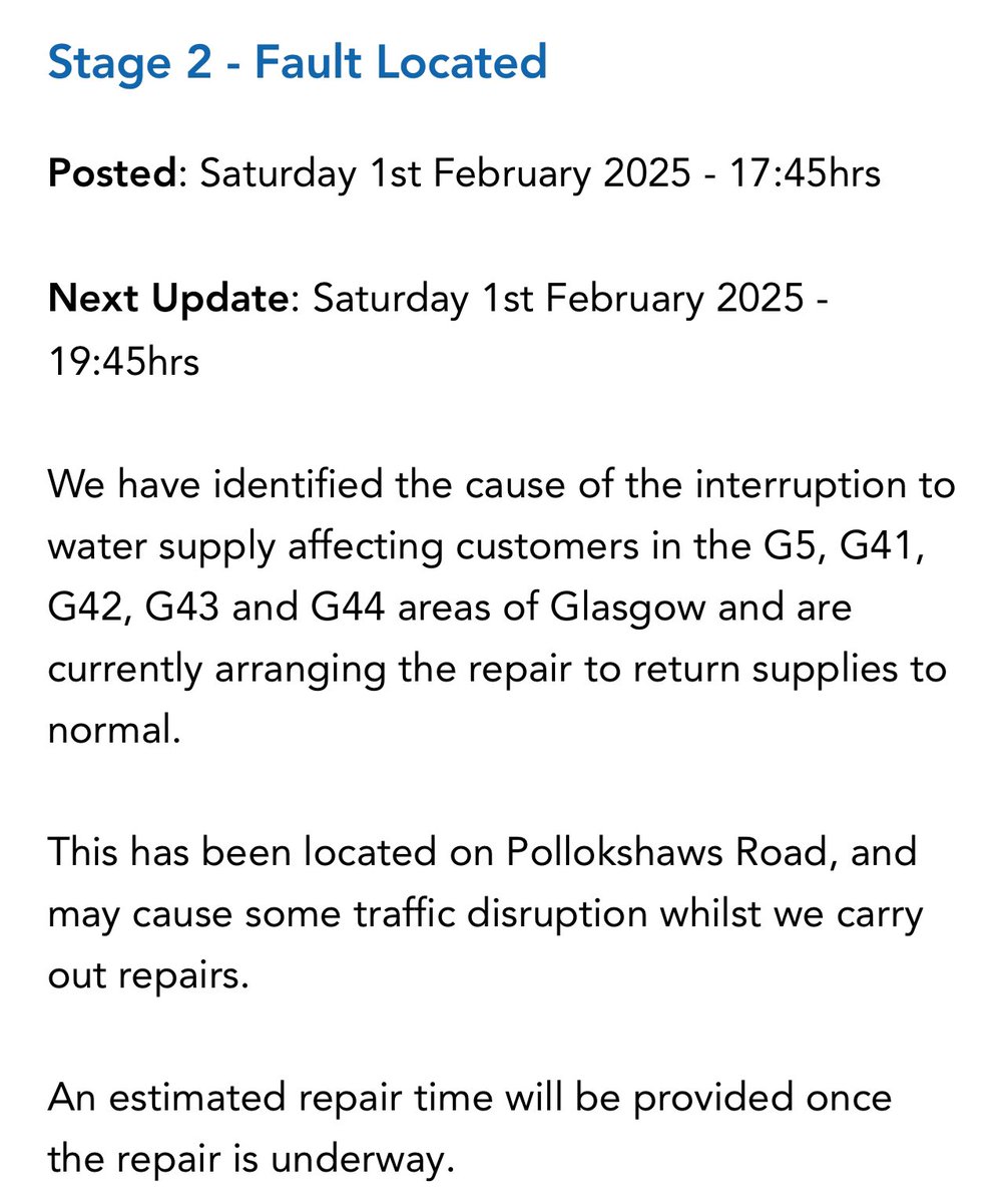jpcorbel22's tweet photo. @scottish_water @BridoMr @shellmacintyree You could still provide update of what you are doing and amend your message on web. All your communications refer to attached message not updated for 3 hours now. https://t.co/t5jeXVQePr
