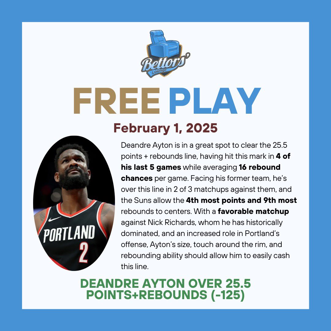 🚨FREE PLAY 🏀💰

Deandre Ayton over 25.5 Points+Rebounds (-125)

Free Play Record: 14-9 (60.87%)

All-Time Unit Total: +509.63

#RipCity  #SunsUp  #DeandreAyton #NBA #NBABets #FreePlay #SportsGambling