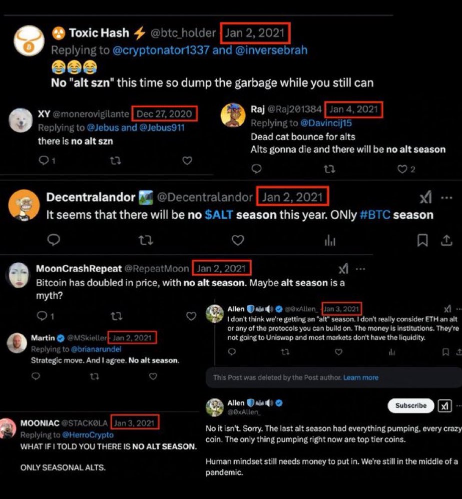 Bitcoin #Altseason A throwback to early 2021. Interesting collage of early  2021 comments shared by @moneyl0rd. History tends to rhyme.