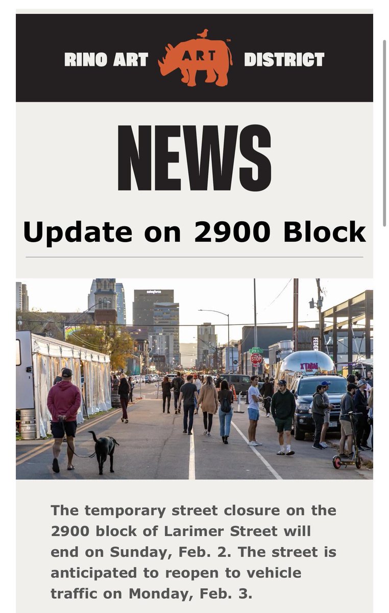LivableLarimer's tweet image. The 2900 block of Larimer will reopen to cars on Monday. This is a great loss to an urban open space in Denver.