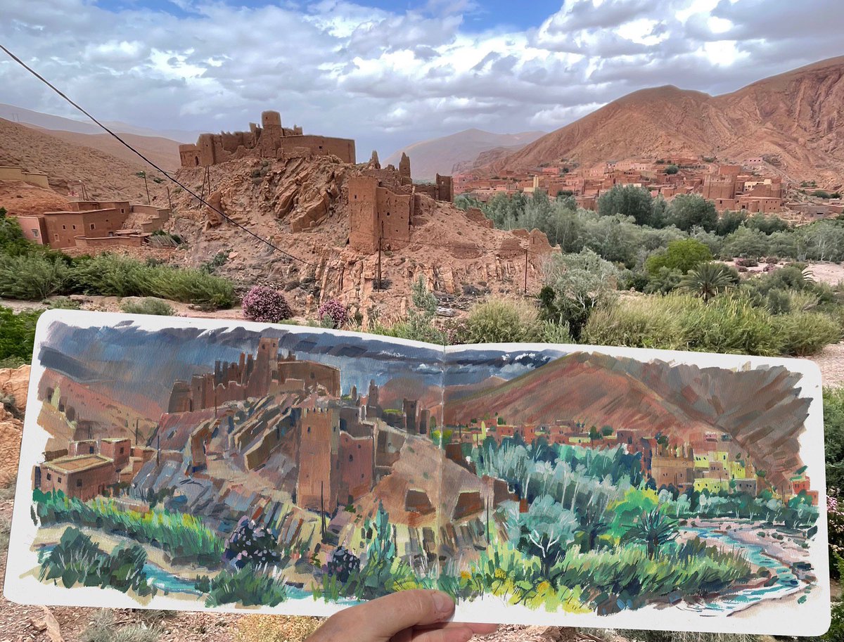 garygeraths's tweet image. Me &amp;amp; the wife went to Morocco for 5 weeks to sketch &amp;amp; paint. Traveled 3 thousand miles, looped around the country through desert, mountains &amp;amp; pine forests. Managed to get some scribbles &amp;amp; finger painting done. Had a grand time. Pencil&amp;amp; gouache in 4 full Etchr sketchbooks