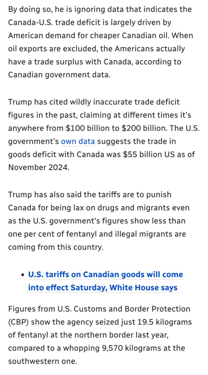 Tariffs on Canada and Mexico are such a remarkably bad idea it's hard to even know where to start. It'll likely plunge both countries into recession, there will be retaliatory tariffs and Canada might halt energy shipments, fueling US inflation. Mutually Assured Destruction.