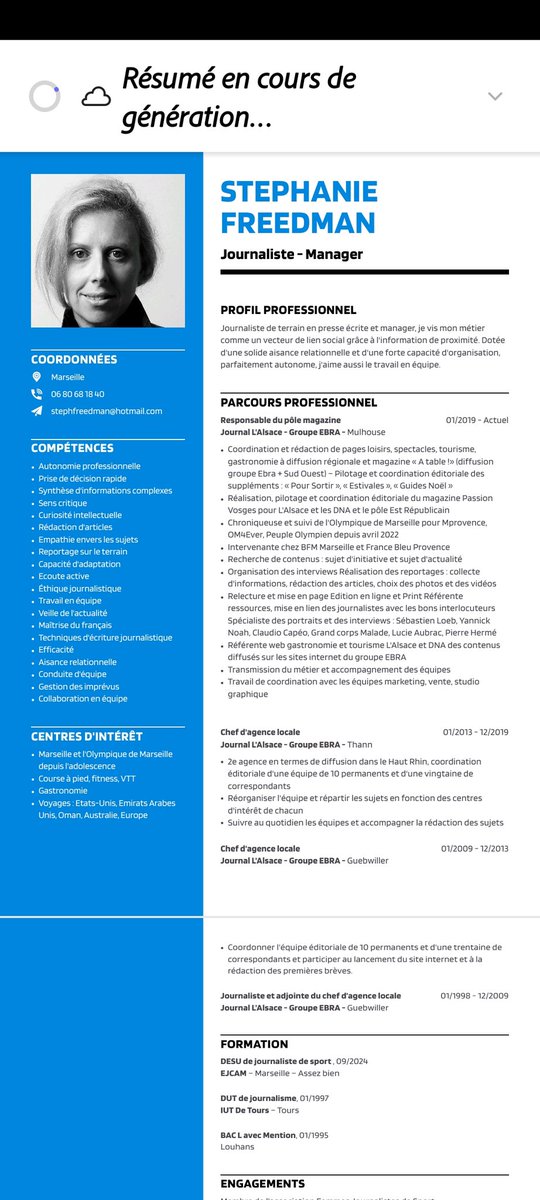 Steph13Freed's tweet image. 📰🗞️
Journaliste manager expérimentée tout terrain... 
De sport. De magazine. D'actu. Je suis à la recherche de nouvelles opportunités professionnelles en #journalisme à #Marseille.
Disponible immédiatement pour tout type de mission en presse écrite : rédaction, SR, correction.