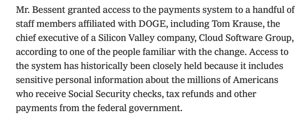 EricLevitz's tweet photo. 1) The Trump administration just gave a random Silicon Valley CEO -- who possess no public office or accountability -- access to the Treasury Department's payments system (and with, your Social Security number) https://t.co/iAmWWQjZxM