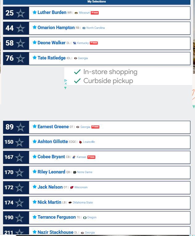 Army_MP_Cowboy's tweet image. 1 trade landed me 2 more picks in the top 100 and an additional late round. Restocking the cabinet! #Cowboys #CowboysNation #MockDraft