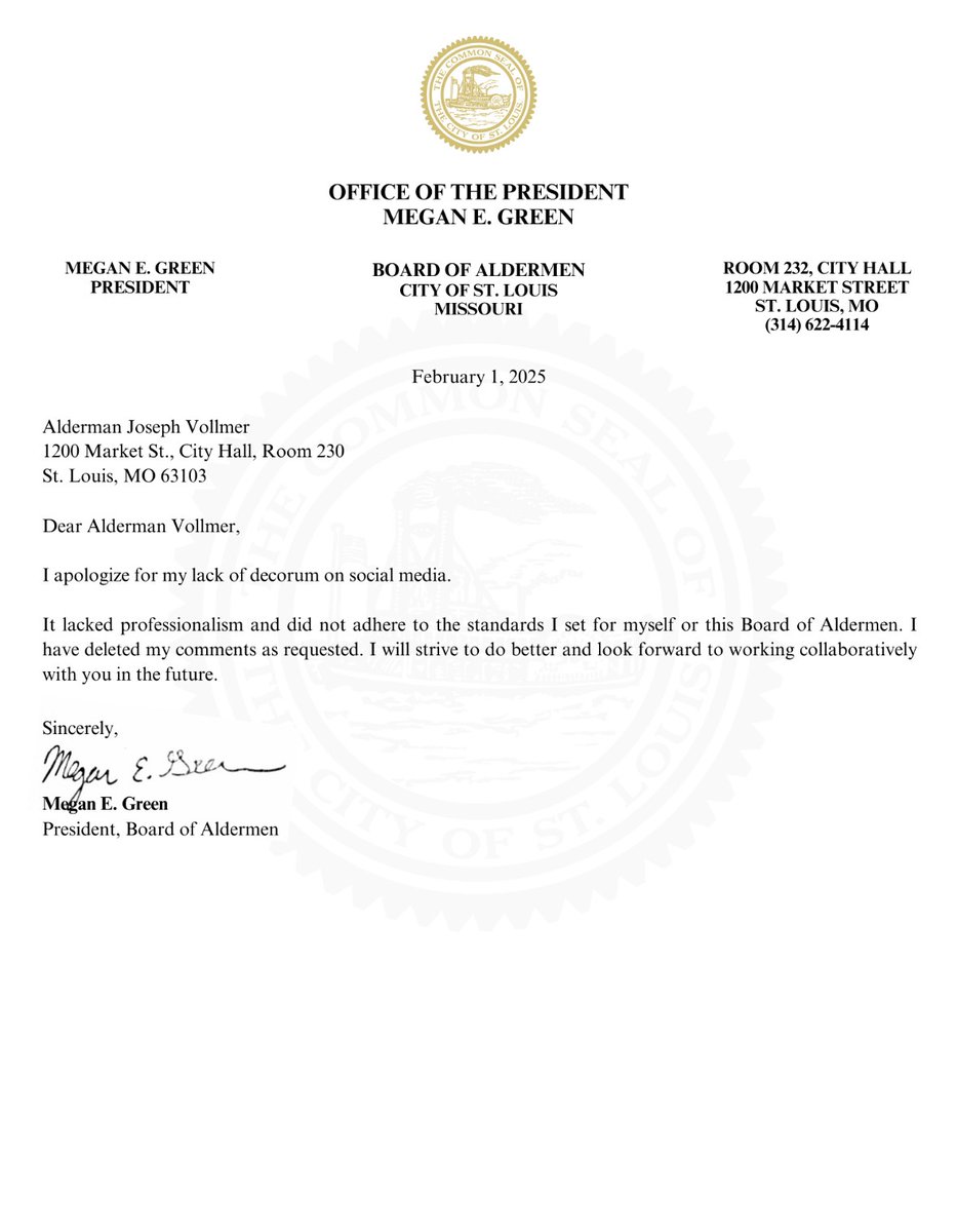 andybankertv's tweet photo. #breakingnews StL Aldermanic Pres, Megan Green, sends 'apology' to Ald. Joe Vollmer, after saying on FB that Vollmer was drunk at FRI Board mtg, which Green ended abruptly as Rams/NFL deal fell apart @FOX2now - Vollmer denies Green allegation, may take legal action for defamation https://t.co/5gbiu0o47Q