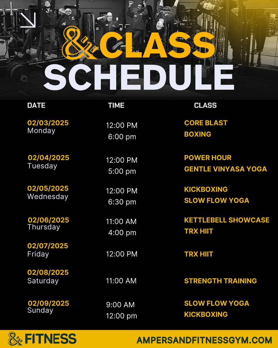 AmpersandFit's tweet image. 🔥 Ampersand Fitness Weekly Class Schedule is HERE! 🔥

⚡ Spots are limited 
#AmpersandFitness #YGOT #ClassSchedule #Boxing #HIIT #StrengthTraining #Yoga #SeattleFitness