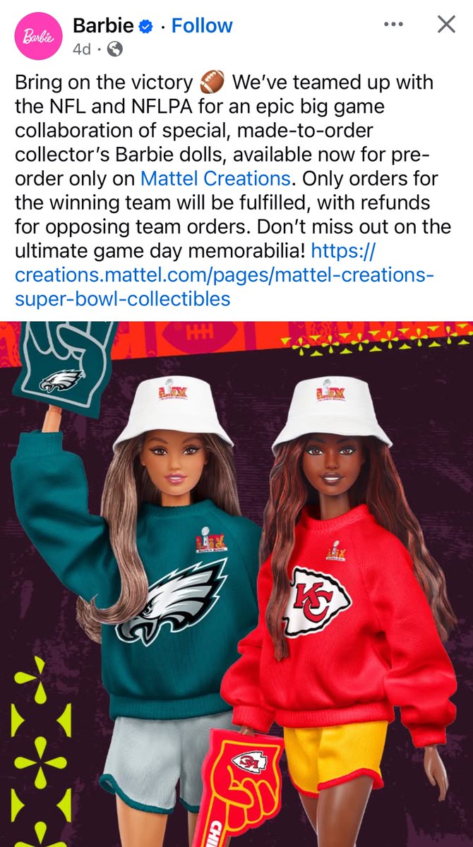 Fun collaboration between the NFL and Barbie. Love the idea of taking pre-orders but only fulfilling for the winning team! Of course we want them to make the Eagles one!!!

Fly Eagles Fly 🦅