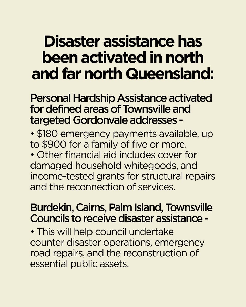 Senator Nita Green (@nitagreenqld) on Twitter photo Nth Qld, right now the most important thing to do is stay out of flood waters and evacuate if necessary.
When the time is right, emergency assistance is available. 
For more information visit qld.gov.au/disasterhelp Nth Qld, right now the most important thing to do is stay out of flood waters and evacuate if necessary.
When the time is right, emergency assistance is available. 
For more information visit qld.gov.au/disasterhelp