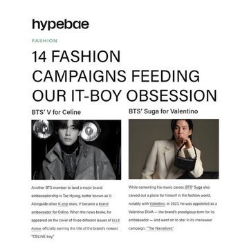 jnfication's tweet photo. — Hypebae seleccionó a #SUGA y #V como 2 de los 14 chicos de moda que han influido en el mundo de la moda con su campaña (Valentino, Celine).

🤍

CELINE IT BOY V
VALENTINO IT BOY SUGA
BEST BRAND AMBASSADOR SUGA
BESG BRAND AMBASSADOR V
#SUGAxValentino #VxCeline https://t.co/lIYIf4jtAt