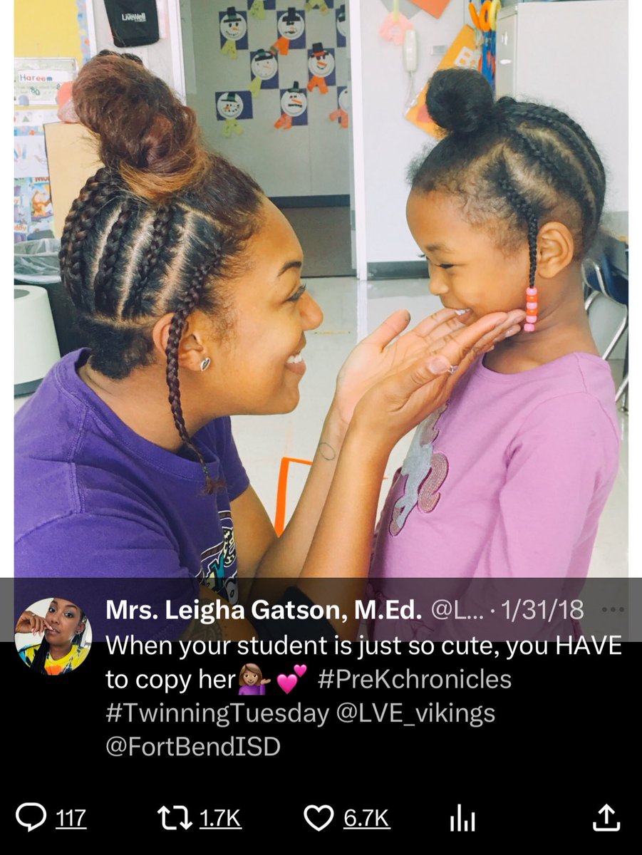 MsLeigha__'s tweet image. 7 years ago today, me &amp;amp; August had a moment that turned into a lifetime🩷🫶🏾💫Would go back to this classroom with the same kids any day. Best year of my life!! #PreKchronicles #RepresentationMatters #BlackGirlMagic 

s/o to the beautiful @EricaOnABC13 for sharing this moment!