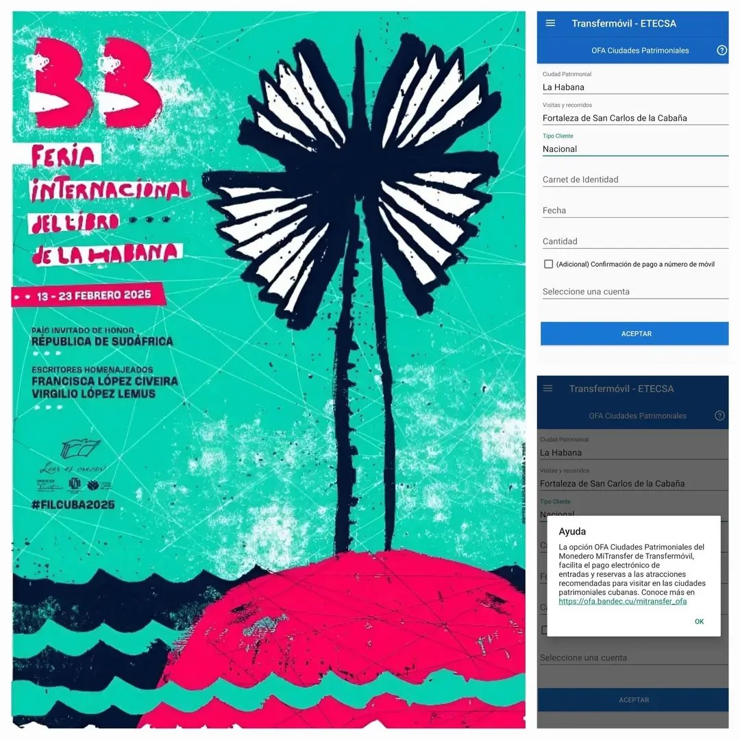 TransfermovilS's tweet image. Del 13 al 23 de febrero, durante la Feria Internacional del Libro:
¡Todas las entradas adquiridas a través del monedero #MiTransfer para visitar la Fortaleza de San Carlos de la Cabaña, te premiarán con acceso gratuito a la espectacular Ceremonia del Cañonazo de las Nueve!