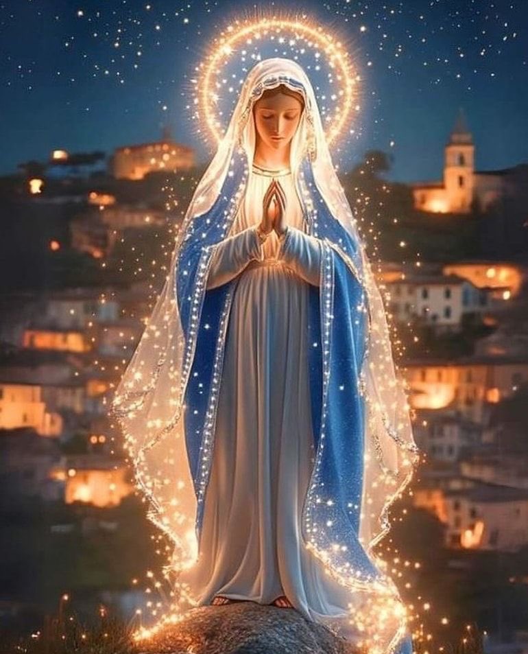 ✝️ Dios te salve, María, 
llena eres de gracia;
el Señor es contigo.
Bendita Tú eres 
entre todas las mujeres,
y bendito es el fruto de tu vientre, Jesús. 

Santa María, Madre de Dios,
ruega por nosotros, pecadores,
ahora y en la hora de nuestra muerte. Amén 🙏