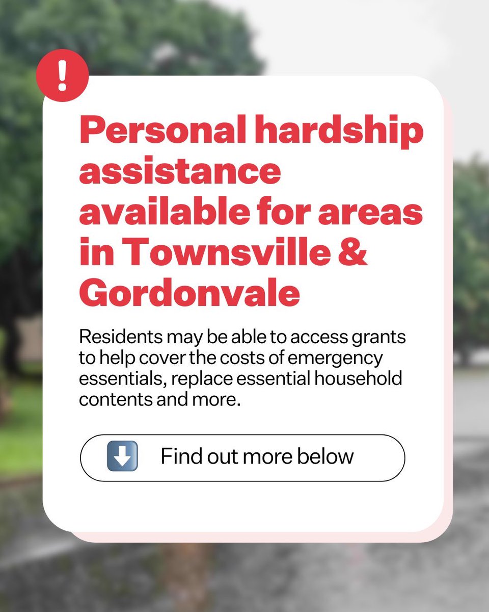 The Australian and Queensland Governments have activated Personal Hardship Assistance for residents in defined areas of Townsville and for targeted Gordonvale addresses in the state’s Far North following days of relentless rain.

minister.homeaffairs.gov.au/JennyMcAlliste…