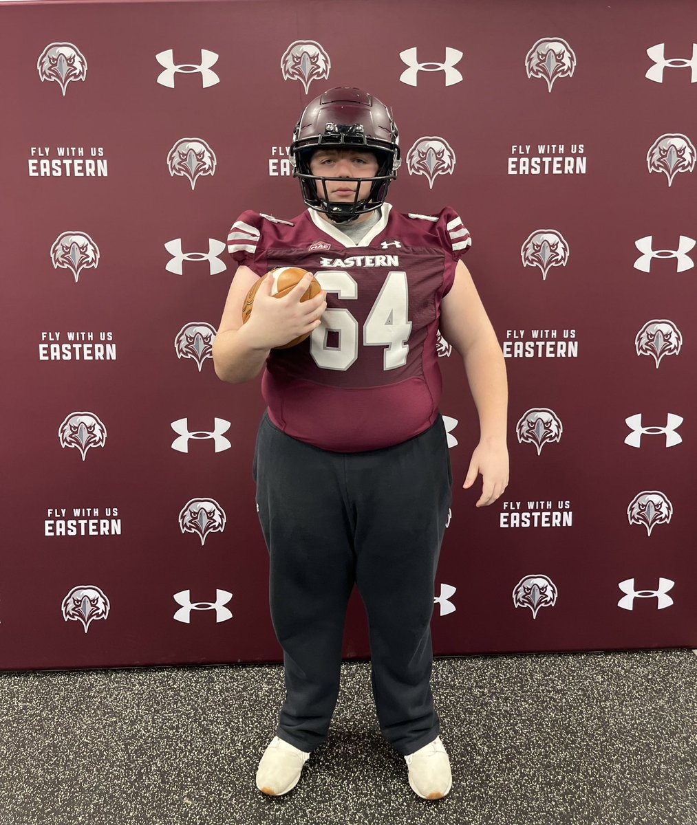 MLongo1215's tweet photo. After a great Official Visit and conversations with @CoachScottEU and @Coach_Crock, I am blessed to receive an offer to play football at Eastern University! @EUEaglesFB @Flashy5k @CoachTuero https://t.co/aVW7Jgzini
