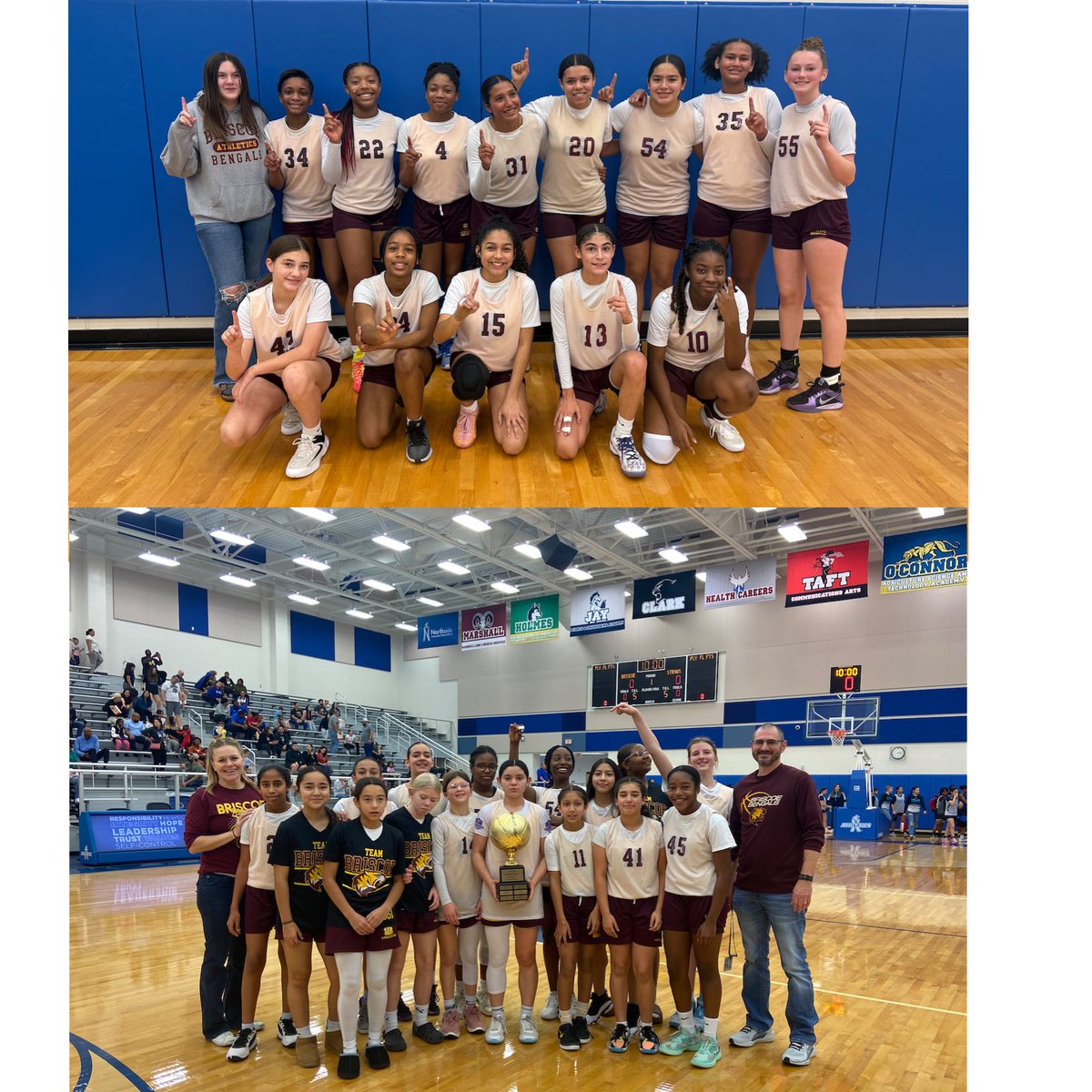 Briscoe 7th grade girls basketball players take the championship in the gold bracket and 8th grade win the silver bracket! #BricoeProud #Briscoerooted