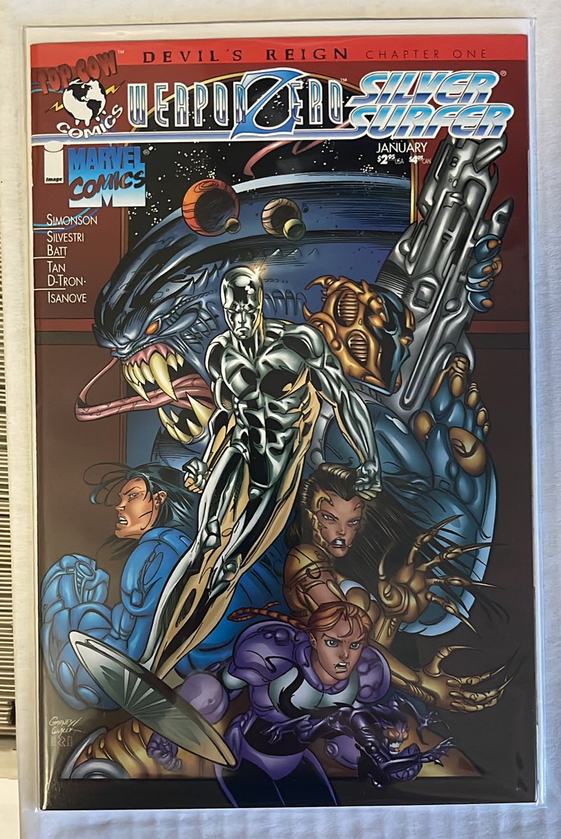 rholmes0520's tweet photo. More @TopCow comin’ at ya with a variant cover to the Devils Reign crossover event with Marvel Comics in 1996 for chapter one in Weapon Zero Silver Surfer! By Surfer artist  Ron Garney, Bob Wiacek, and Richard Isanove… #WeaponZero #SilverSurfer #topcow #MarvelComics #comics https://t.co/nzm0oXzyji