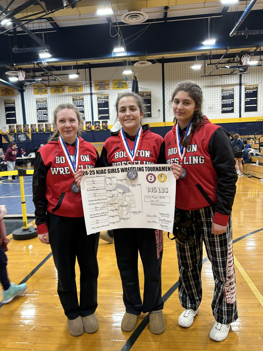 BoontonHSWrest's tweet photo. Congrats to our NJAC Conference Championship medalists! 💣 
Julia Fongaro - 1st
Kaylee Hughen - 2nd 
Samira Kupa - 2nd https://t.co/yY8Ku6mtrL
