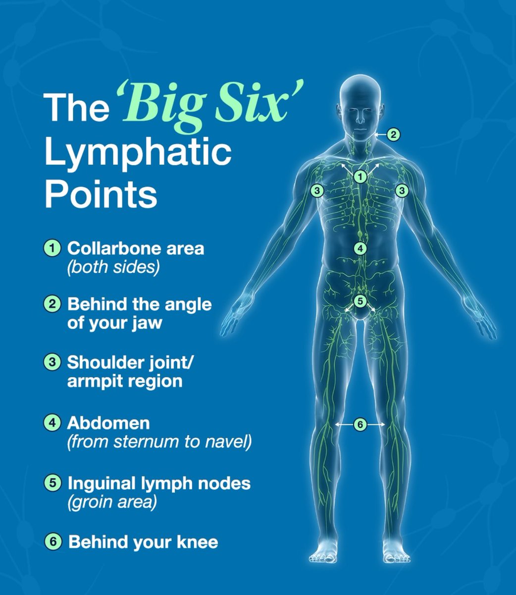 All trapped inflammation is processed via the lymphatics. Do not leave blocks in the flow. 

Good idea to make sure your lymphatics are not blocked. 

Do our BIG 6. Massages these points in order. Always in order.
