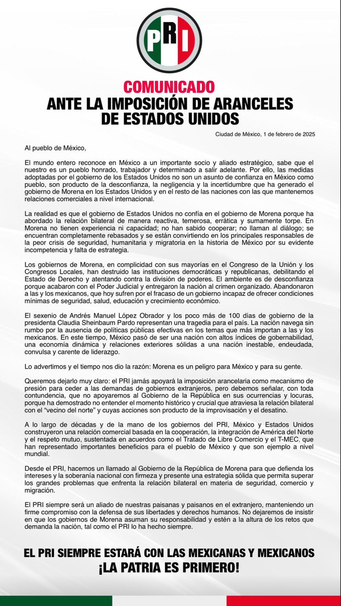 PRI_Nacional's tweet image. Comunicado ante la imposición de aranceles de Estados Unidos.
