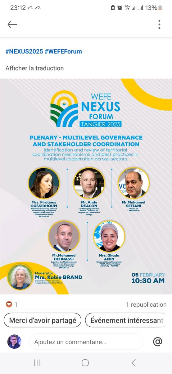 Mohamed SEFIANI (@sefianimohamed1) on Twitter photo It will be a pleasure for me to participate as speaker at the plenary of the Nexus Energy-Water-Food Systems Forum in Tangier
<a href="/Mayors4Climate/">Global Covenant</a>
<a href="/uclg_org/">United Cities</a>
<a href="/ICLEI/">ICLEI</a>
<a href="/ICLEIAfrica/">ICLEI Africa</a> It will be a pleasure for me to participate as speaker at the plenary of the Nexus Energy-Water-Food Systems Forum in Tangier
<a href="/Mayors4Climate/">Global Covenant</a>
<a href="/uclg_org/">United Cities</a>
<a href="/ICLEI/">ICLEI</a>
<a href="/ICLEIAfrica/">ICLEI Africa</a>